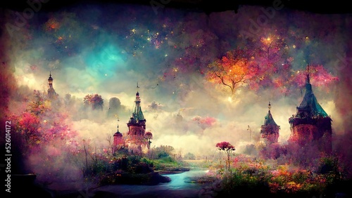 Foto Fantasy dream world, fairy tale background, digital art neon lights