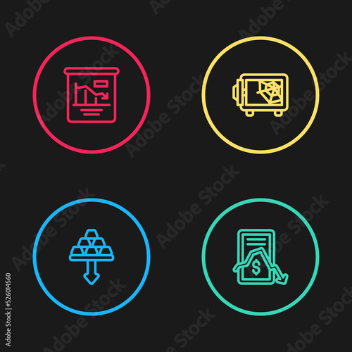 Set line Gold bars, Mobile stock trading, Safe and Pie chart infographic icon. Vector