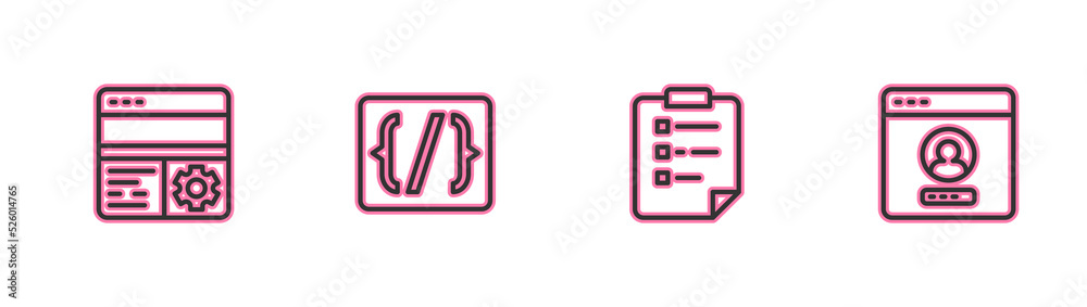 Obraz premium Set line Debugging, Clipboard with checklist, Programming language syntax and Create account screen icon. Vector