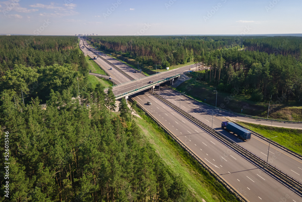 Road transport truck industry forest highway car delivery, Aerial Road transport truck industry forest highway car delivery, Aerial