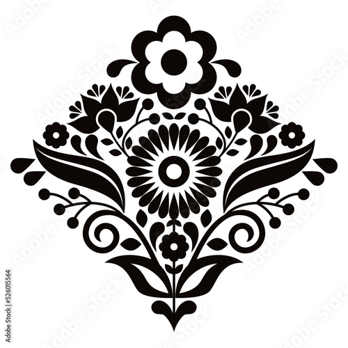 Mexican folk art style vector floral pattern in black and white, nature composition in square inspired by traditional embroidery designs from Mexico
 