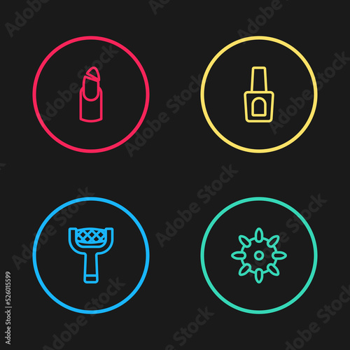 Set line Nail file, False nails, Bottle of polish and Broken icon. Vector