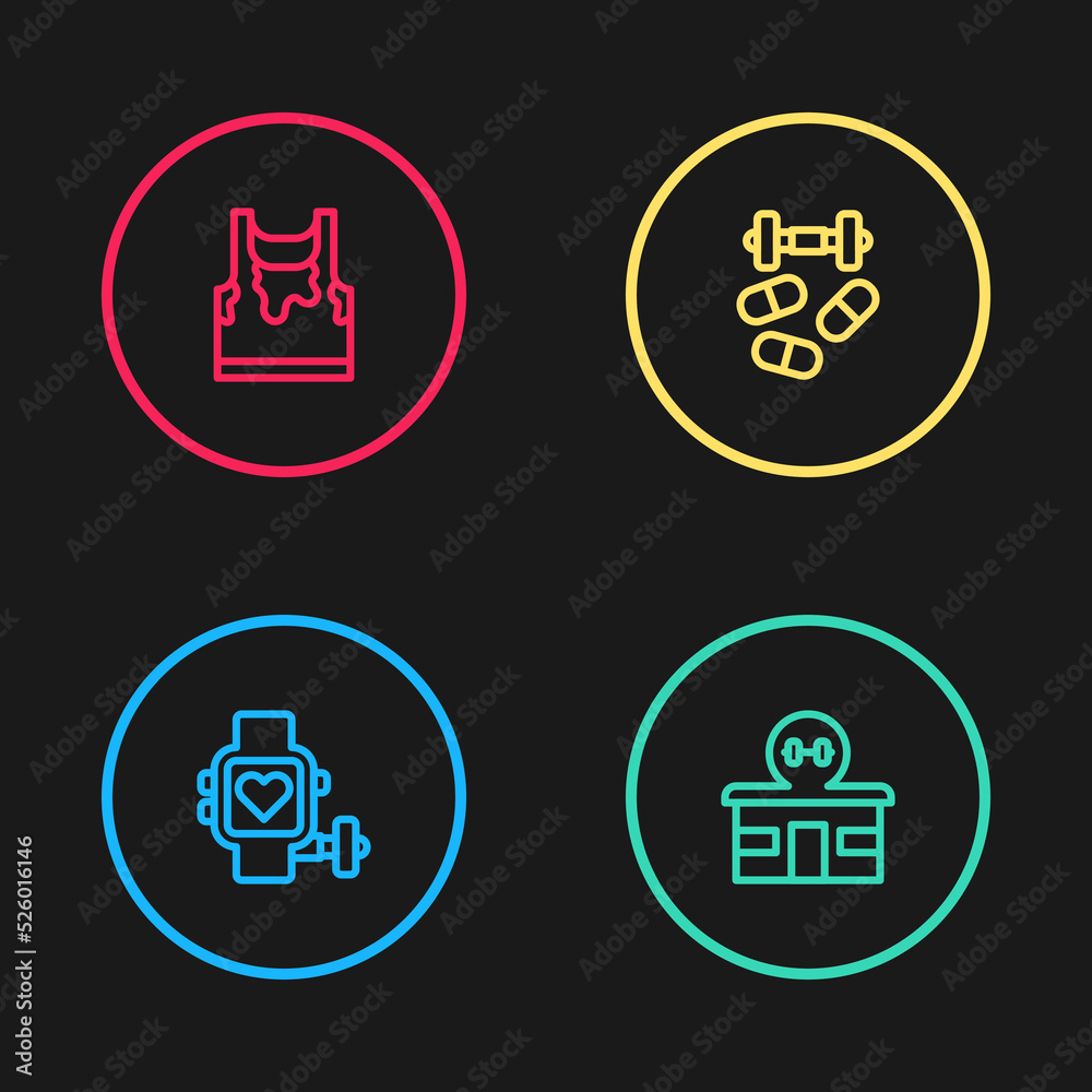 Set line Smart watch with heart, Gym building, Sports doping dumbbell and Sweaty sleeveless t-shirt icon. Vector Set line Smart watch with heart, Gym building, Sports doping dumbbell and Sweaty sleeveless t-shirt icon. Vector