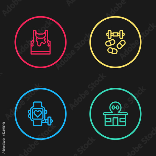Set line Smart watch with heart, Gym building, Sports doping dumbbell and Sweaty sleeveless t-shirt icon. Vector