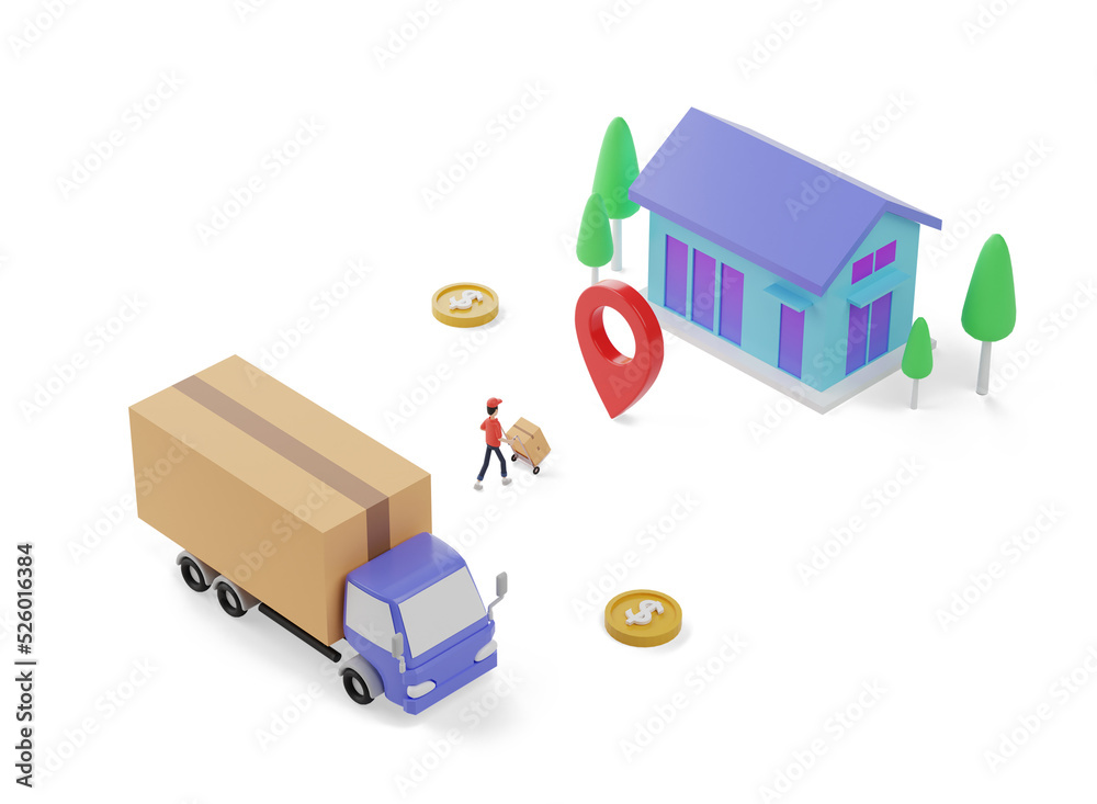 3d Isometric order delivery illustration . Courier delivers the order to the location. 3d render illustration