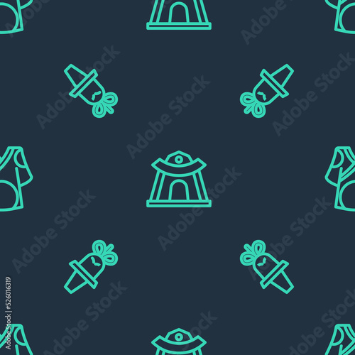 Set line Korean temple, hat and Kimono on seamless pattern. Vector