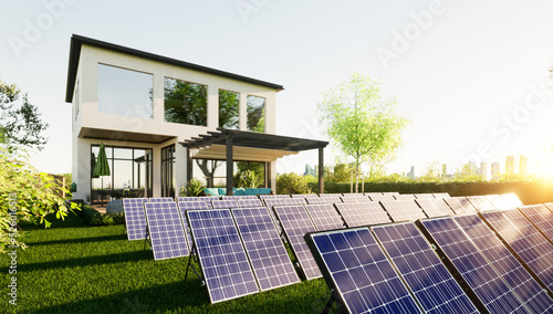 Einfamilienhaus mit Photovoltaikanlage im Garten photo
