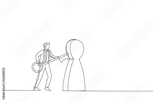 Illustration of businessman holding key and running to unlock keyhole to reach target. Metaphor for knowing the secret to grow business and seize opportunity for career. One line art style