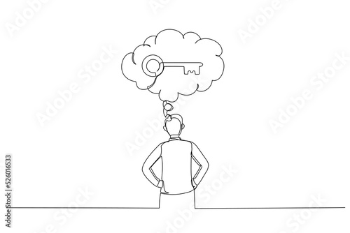 Drawing of businessman thinking about key to success. Single line art style