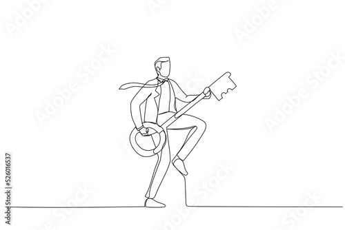 Cartoon of success businessman holding key as guitar dancing with freedom. Metaphor fopr business or career development, leadership and motivation to self improve. Single continuous line art style
