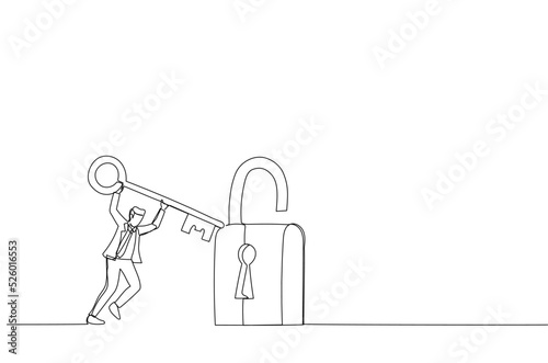 Cartoon of smart businessman holding big key to unlock the pad. Metaphor for problem solving, solutions, and business accessibility. Continuous line art