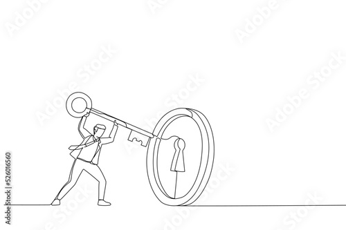 Illustration of smart businessman investor holding huge key to unlock coin keyhole. Metaphor for financial success, investment opportunity, and profit gain. One line style art