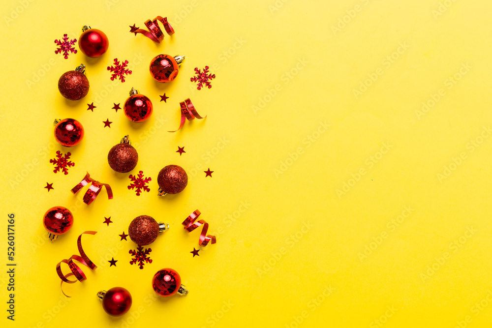 Christmas composition. a pattern of christmas balls on colored background. Flat lay, top view New year decor Christmas composition. a pattern of christmas balls on colored background. Flat lay, top view New year decor