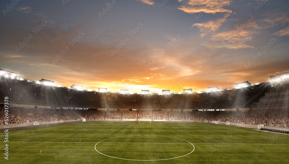 Foto de Sunset above empty football field with flashlights and dark