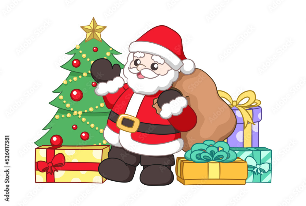 Santa Claus waving and holding a sack of presents next to a Christmas tree surrounded by colorful gift boxes cute cartoon illustration