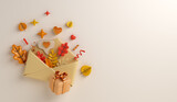 Autumn decoration background with envelope, gift box, leaves, copy space text, 3D rendering illustration