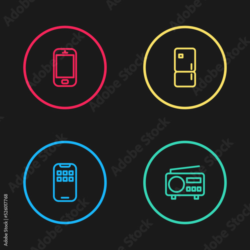 Set line Mobile Apps, Radio, Refrigerator and phone icon. Vector