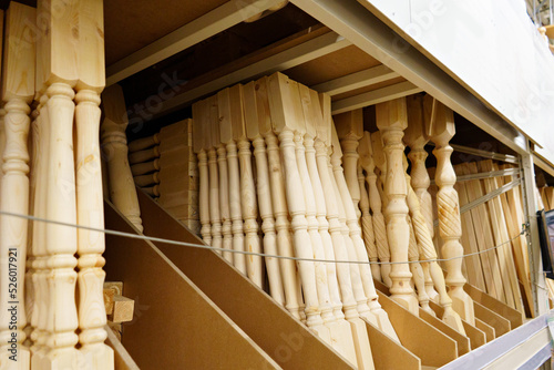 Wooden baluster on a shelf in a hardware store. 