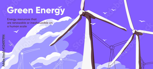 Green energy landing web page design with windmill turbines. Renewable sustainable power station banner background with eco wind mills for alternative electricity source. Flat vector illustration