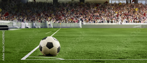 Corner kick. Soccer football ball lying on grass of football field at crowded stadium. Concept of sport, world championship