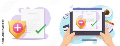 Medical insurance healthcare contract online icon vector, illustrated hospital clinic health care digital claim document on tablet computer with shield design image