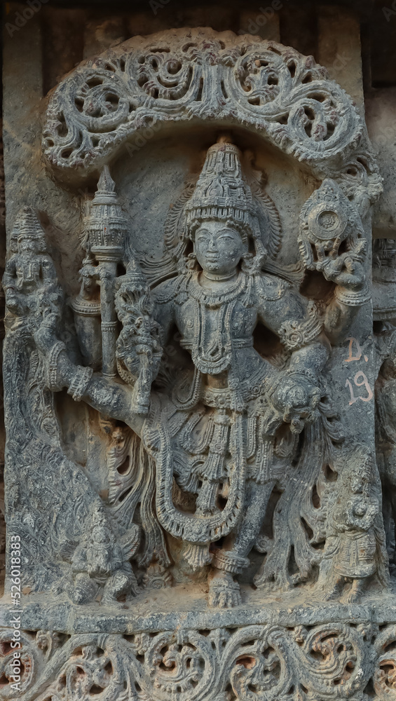 The Beautiful Sculpture of Lord Vishnu on the Lakshminarsimha Temple, Javagal, Hassan, Karnataka, India.