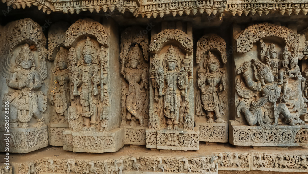 The Beautiful Carving Sculptures of Hindu God and Goddess on the Temple of Shri Lakshminarshimha Temple, Javagal, Hassan, Karnataka, India.