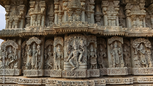 The Beautiful Carving Sculptures of Hindu God and Goddess on the Temple of Shri Lakshminarshimha Temple, Javagal, Hassan, Karnataka, India.