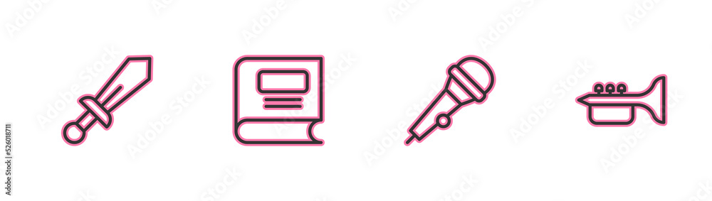 Set line Sword toy, Microphone, Book and Trumpet icon. Vector Set line Sword toy, Microphone, Book and Trumpet icon. Vector