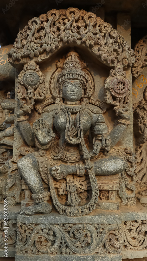 The Beautiful Carving Sculpture of Goddess Lakshmi on the Shri Lakshminarshimha Temple, Javagal, Hassa, Karnataka. India. Build by Hoysala Empire.