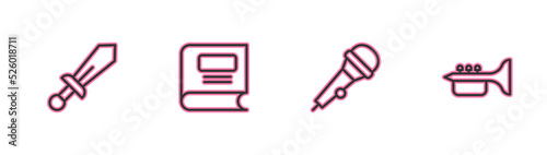Set line Sword toy, Microphone, Book and Trumpet icon. Vector