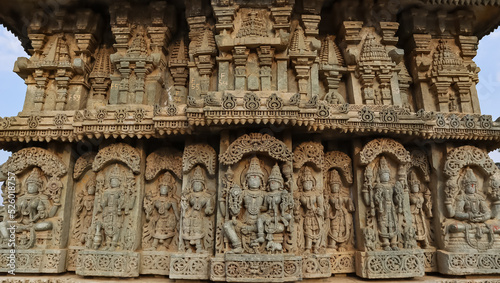 The Beautiful Carving Sculptures of Hindu God and Goddess on the Temple of Shri Lakshminarshimha Temple, Javagal, Hassan, Karnataka, India. © Raj