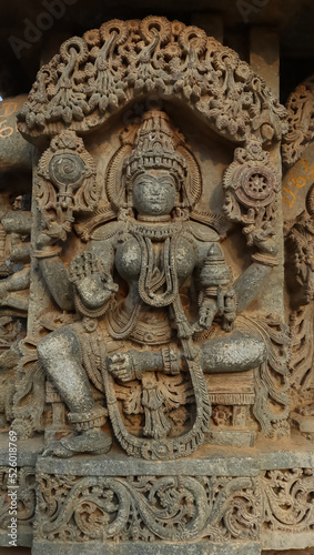 The Beautiful Carving Sculpture of Goddess Lakshmi on the Shri Lakshminarshimha Temple, Javagal, Hassa, Karnataka. India. Build by Hoysala Empire.