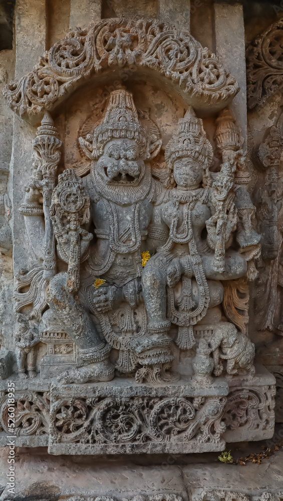 The Beautiful Sculpture of Lord Narshimha and Goddess Lakshmi, Javagal Temple, Hassan, Karnataka. Masterpiece.