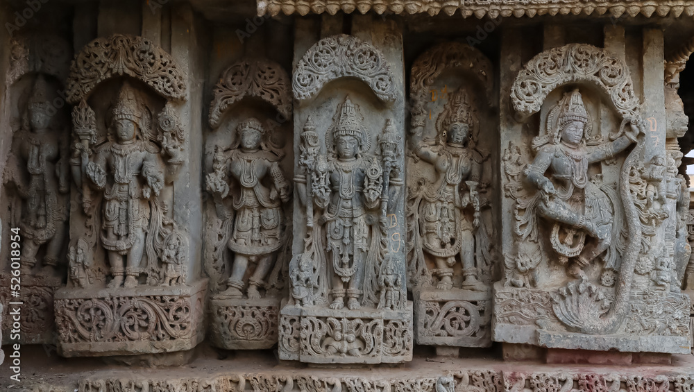 The Sculptures of Hindu Gods on the Javagal Temple., Hassan, Karnataka. The 13th Century  Hoysala Temple. 