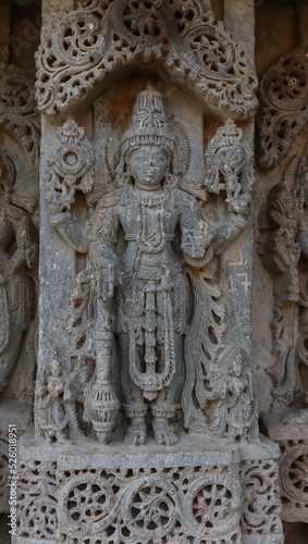 The Carving Sculpture of Lord Vishnu on the Javagal Temple, Karnataka. The Masterpiece Artwork of Carvings,  © Raj