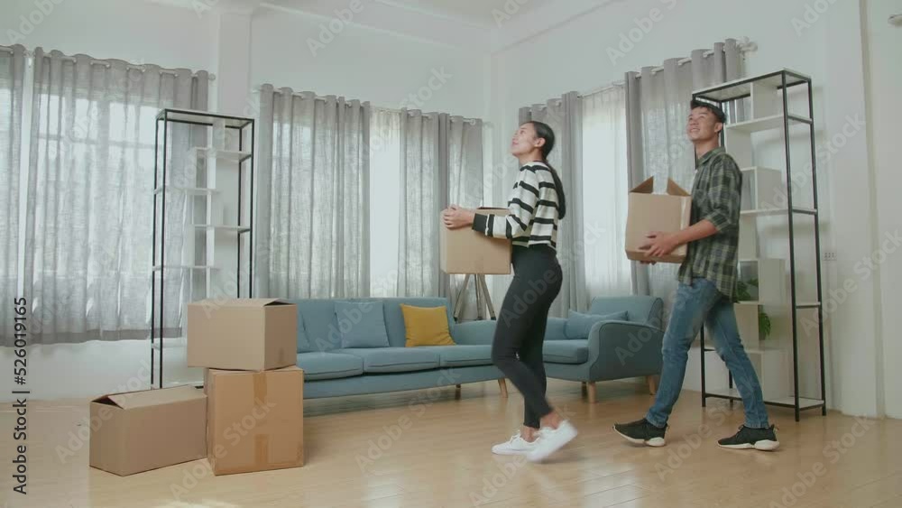 Vidéo Stock Smiling Young Asian Couple Carrying Cardboard Boxes With ...