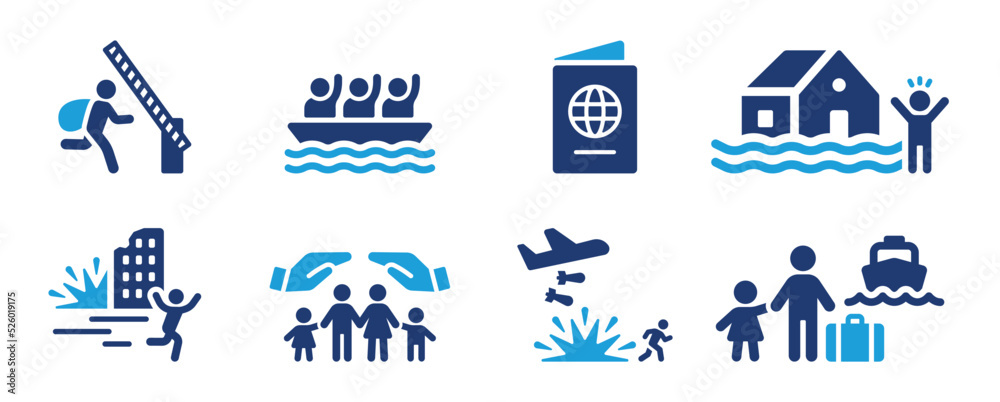 Fototapeta premium Refugee icon collection. People escape from the war in the country, vector set illustration. 