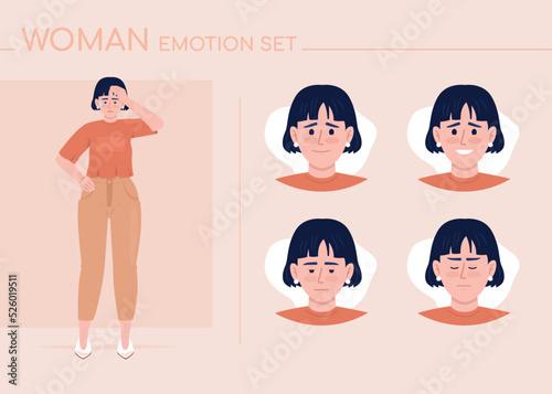 Ashamed young woman semi flat color character emotions set. Editable facial expressions. Problem vector style illustration for motion graphic design and animation. Comfortaa font used
