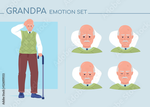 Doubting senior man semi flat color character emotions set. Editable facial expressions. Confusion vector style illustration for motion graphic design and animation. Comfortaa font used