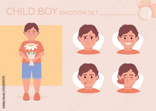 Little boy in love semi flat color character emotions set. Editable facial expressions. Romantic vector style illustration for motion graphic design and animation. Quicksand font used