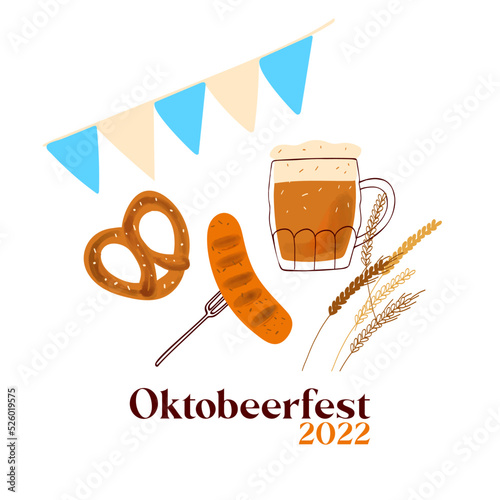 Octobeerfest 2022 illustration with stylized beer mugs, with traditional snacks pretzel and grilled sausage on white background photo