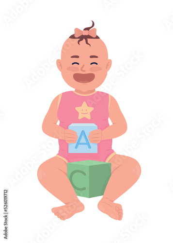 Joyful baby girl with cubes semi flat color vector character. Editable figure. Full body person on white. Simple cartoon style illustration for web graphic design and animation. Quicksand font used