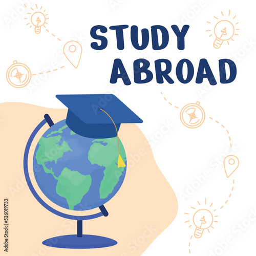 Study abroad card template. Education in foreign university. Editable social media post design. Flat vector color illustration for poster, web banner, ecard. Nerko One Regular font used