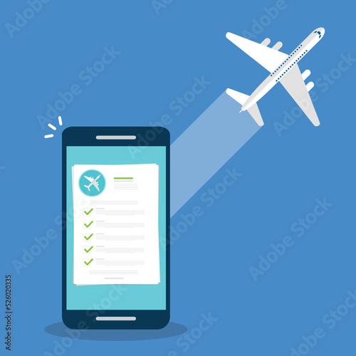 Flight insurance document on mobile phone. Airlines risk safety assurance agreement, checklist. Airplane travel coverage protection.