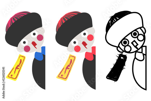 Halloween cute cartoon chinese vampire playing hide and seek. East Asia traditional character jiangshi. Set of different color and line art. Isolated on white background, flat design, EPS10 vector