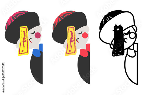 Halloween cute cartoon chinese vampire playing hide and seek. East Asia traditional character jiangshi. Set of different color and line art. Isolated on white background, flat design, EPS10 vector