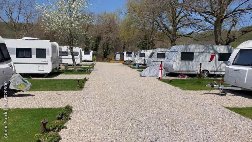 Caravans in a row in the campsite, Caravan Camping Site In Nature, Travel Trailers in the Camping ground. Agva, Turkey. Caravans in a row in the campsite, Caravan Camping Site In Nature, Travel Trailers in the Camping ground. Agva, Turkey.