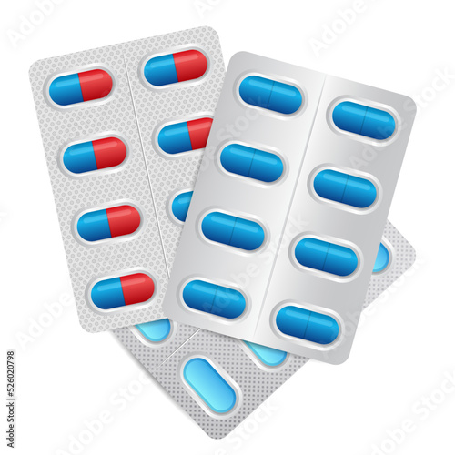 Blue pills in blister packaging isolated on white background