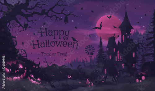 Fotografia Happy halloween banner or party invitation background with violet fog clouds and